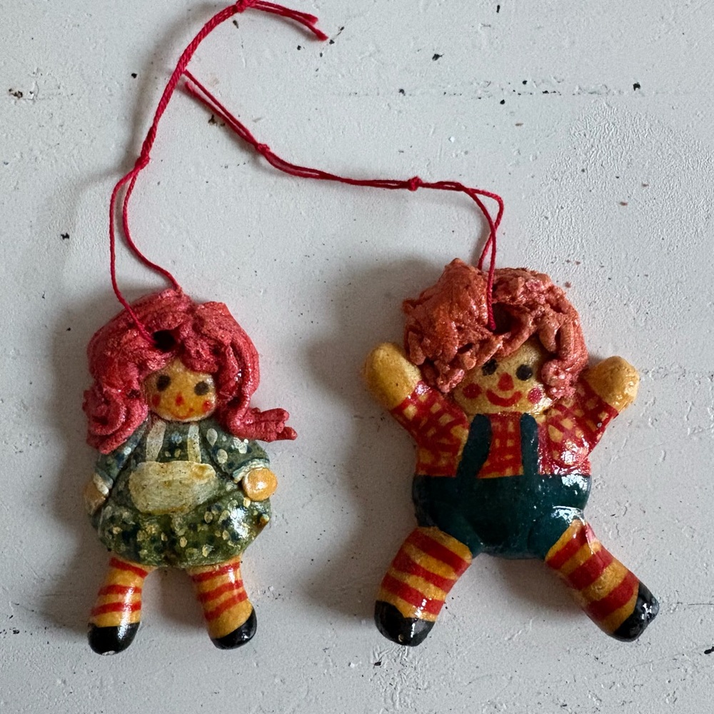 Vintage Raggedy Ann and Raggedy Andy salt dough Christmas ornaments ‘70 ‘80’s